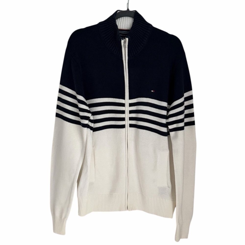 Tommy Hilfiger Men’s Navy & White Stripe Full Zip Cotton Sweater Nautical Size L